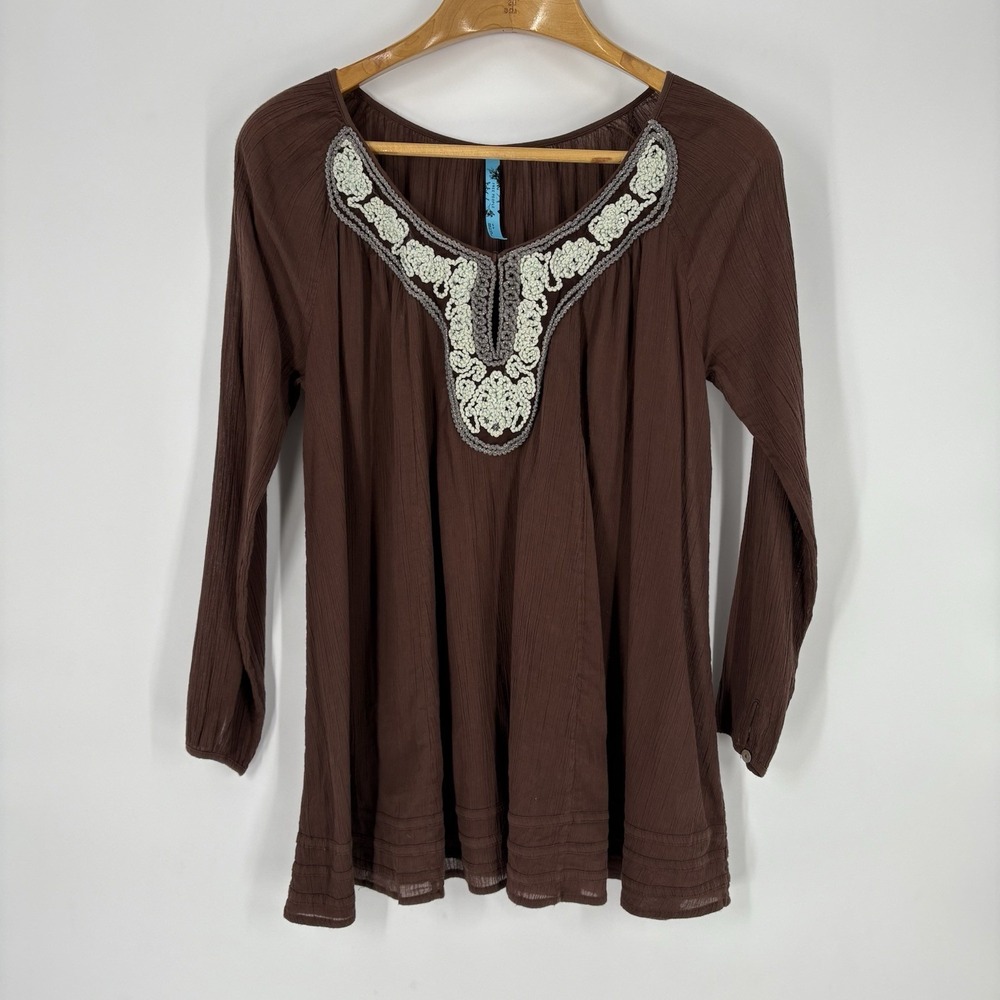 Free‎ People Gauzy Tunic Top S Oversized Brown Embroidered Peasant Boho Festival